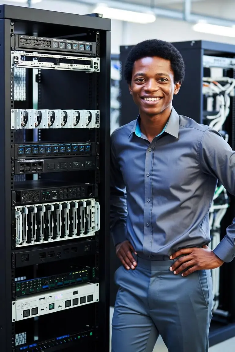 Smiling African data center technician racking a Supermicro server