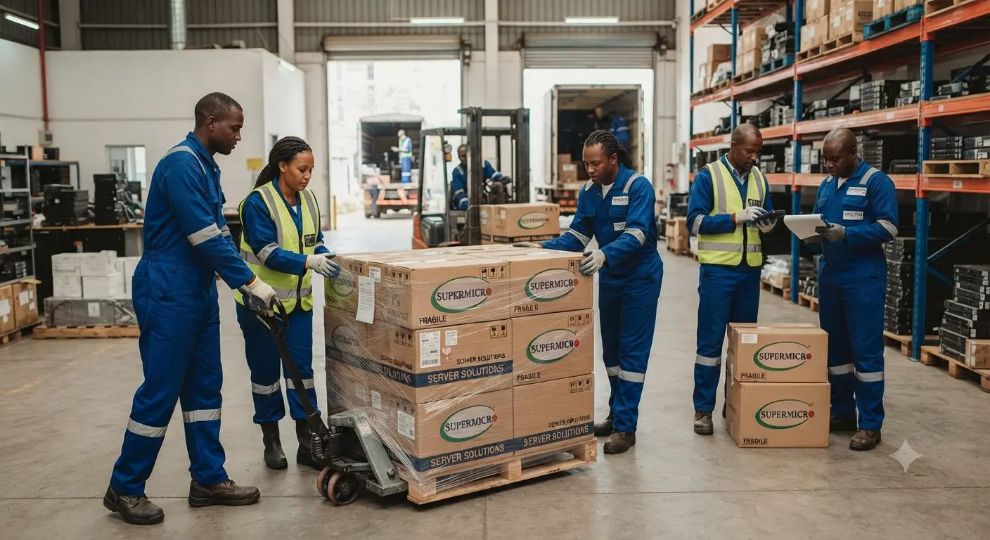 DS Africa warehouse team handling Supermicro server shipments